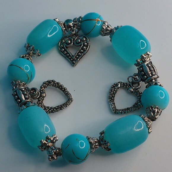 Women's Blue Clear Crystal beaded Bracelet, with little silver hearts - Picture 2 of 6